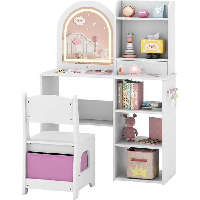 Детский туалетный столик Dreamade для девочек с LED-подсветкой, принцесовий столик для макіяжу з відкритими полицями та 5 ящиками, білий, від 3 років
