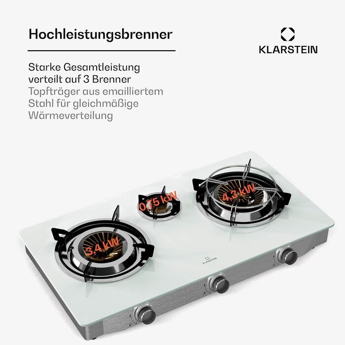 Газова плитка Klarstein Gaskocher 2-Flammiga: 7.7kW, нержавіюча сталь, для кемпінгу та дому, портативна, 2 конфорки (без редуктора)