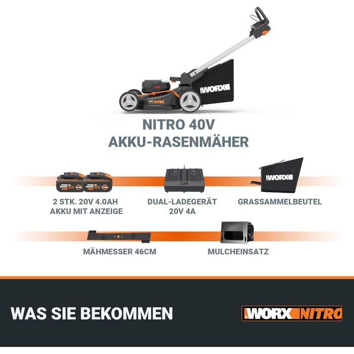 Акумуляторний газонокосарка WORX WG749E 40V PowerShare з радіоприводом, безщітковий двигун, ширина зрізу 46 см, 7 положень висоти зрізу, чорний (Modern), з акумулятором та зарядним пристроєм