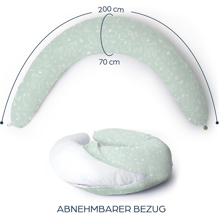 Подушка для вагітних Niimo XXL - подушка для годування, подушка для сну на боці, 100% бавовна, 200 x 70 см, м'ятно-зелений колір