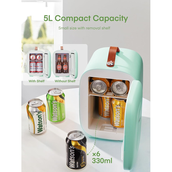 Міні холодильник FOHERE 5 літрів / 6 банок, USB живлення, 220V AC/12V DC, для напоїв та догляду за шкірою, білий (зелений)