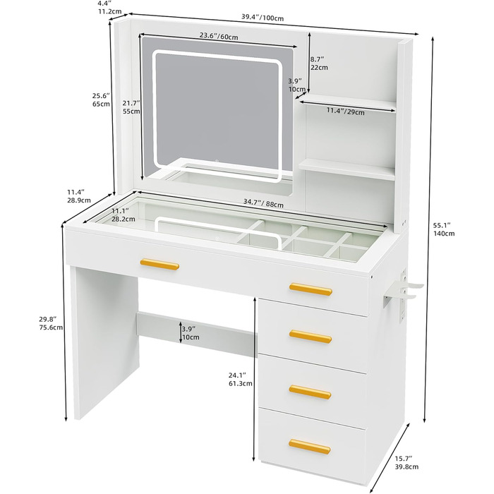 Туалетний столик YITAHOME з підсвіткою та дзеркалом, 4 шухляди, відкриті полиці, чорний (білий)