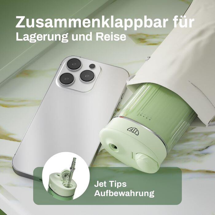 Портативний електричний іригатор для зубів JTF Munddusche Mini (зелений): 4 режими, 5 насадок, 230 мл, водонепроникний IPX7