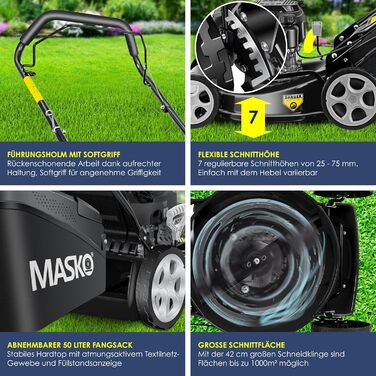 Бензиновий газонокосарка MASKO® 5in1 | Ширина косіння 51 см | 8 положень висоти | 4-тактний OHV двигун 6.0 PS | Об'єм кошика 65 л | В комплекті набір для мульчування та бічний викид (ширина 42 см, чорний/сірий)