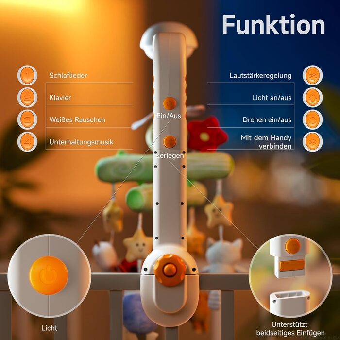 Мобіль для ліжечка TUMAMA KIDS з музикою та проєктором зірок, іграшка для малюків 0-9 місяців, з пультом, сенсорна іграшка для новонароджених