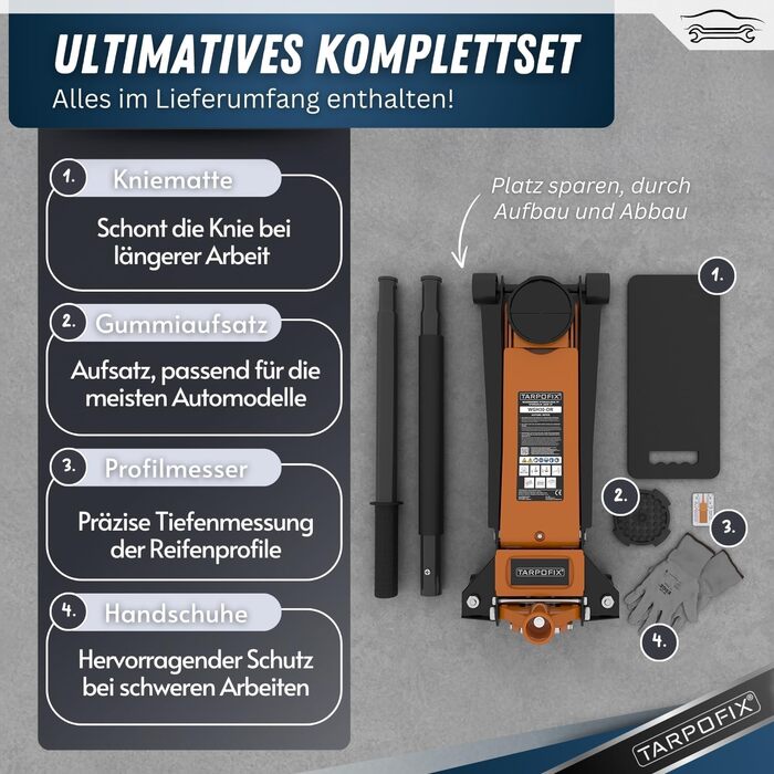 Гідравлічний домкрат Tarpofix® для автомобілів (3т, 85-475мм), низькопрофільний, помаранчевий - Преміум якість