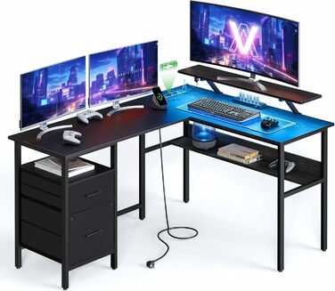 Комп'ютерний стіл VASAGLE L-подібний з розетками, LED-підсвічуванням та USB-портами, 150 x 120 x 76 см, чорний, LWD095B01