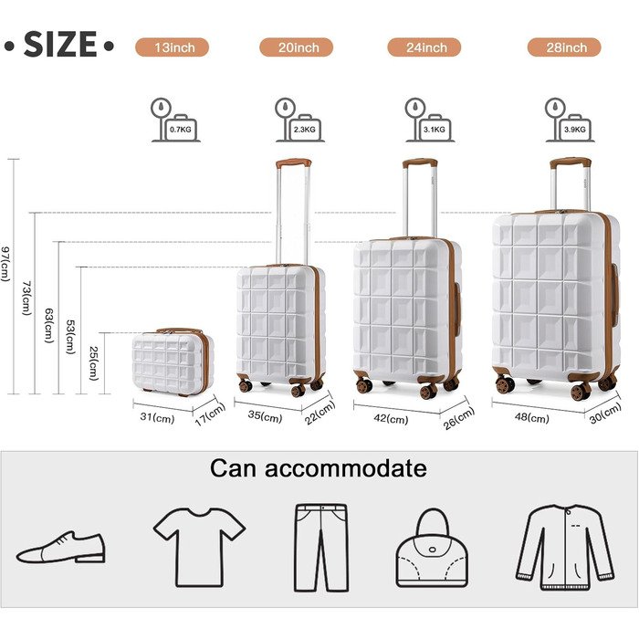 Набір валіз KONO 4 шт. з ABS-пластику з TSA замком (M, L, XL) - білий