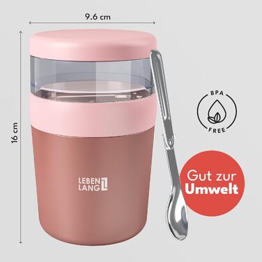 Мюслі-кружка LEBENLANG To Go з ложкою - ізольована чашка з нержавіючої сталі, 650 мл. Чашка для мюслі, йогурту, каші, для дітей та дорослих, рожева, 500 мл + 150 мл