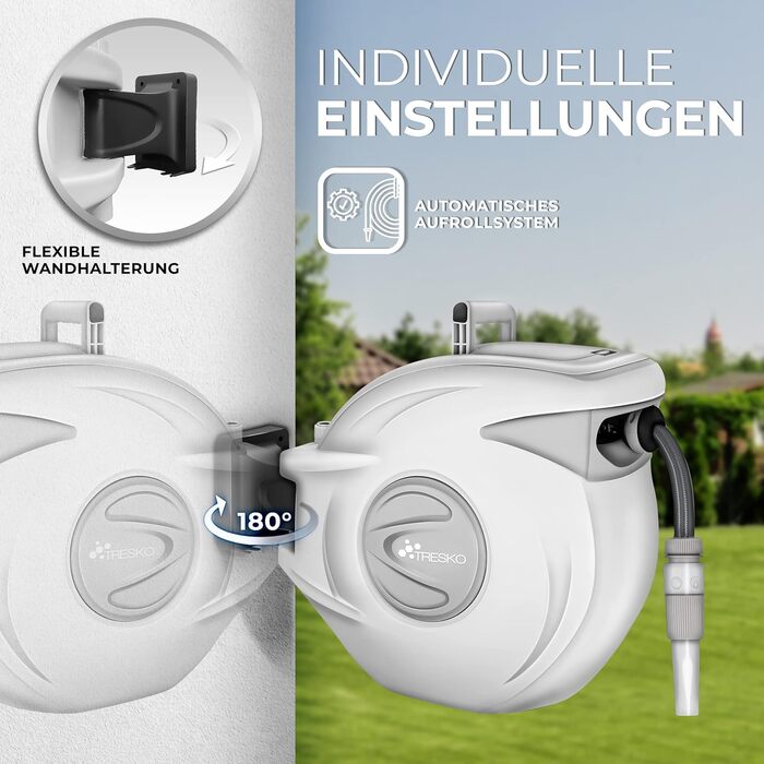 Трьохкамерний шланг TRESKO® з роликом для шланга, 30+2 м, з ручною лійкою, поворотний на 180°, для саду, автоматичний, з кріпленням для стіни та монтажним матеріалом