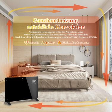 Електричний конвекторний обігрівач Ikodm 2000W з пультом керування та термостатом, енергозберігаючий, тихий, для дому