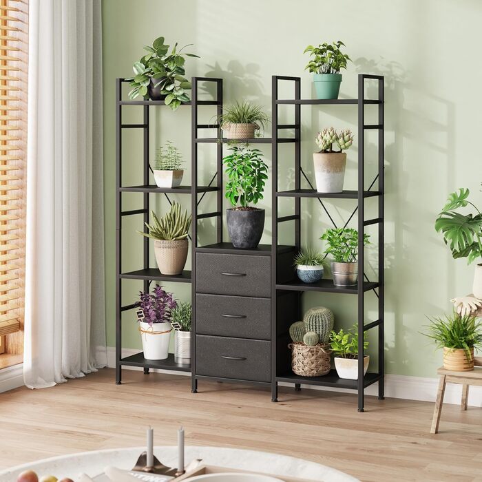 Стильна полиця-стеллаж з 4 висувними ящиками з тканини, 142 см, чорний колір. Ідеально для вітальні, офісу, кухні, балкону. Книжкова полиця, стелаж-куб, полиця для зберігання.