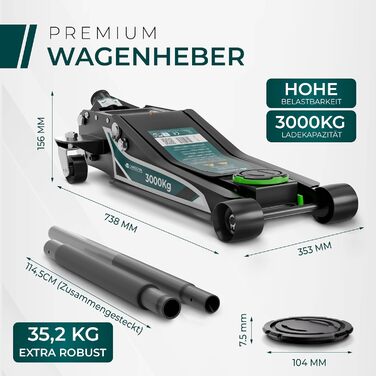 Гідравлічний домкрат CargoVA 3T з низьким профілем (75-505мм) + килимок + 2 гумові накладки | Для SUV та авто з низькою посадкою | Професійний набір для заміни коліс (TÜV)