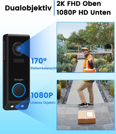 Відеодзвінок Bextgoo з подвійною камерою 2K HD, бездротовий, 10000mAh, IP67, з датчиком руху та нічним баченням