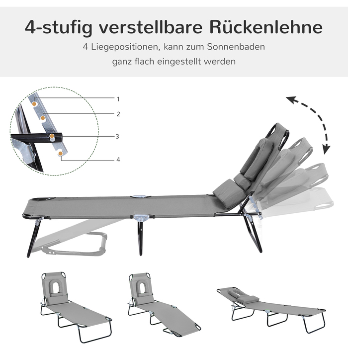 Лежак для відпочинку на сонце з отвором для обличчя та подушкою, складаний, з водовідштовхувальним покриттям, металевий каркас, темно-сірий
