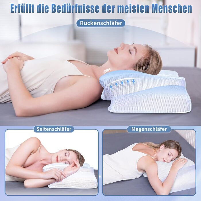 Подушка для шиї Saheyer з піною з пам'яті, ортопедична, для тих, хто спить на боці, покращує якість сну, 70 x 40 x 15/12 см, з чохлом, білий+карбоново-сірий