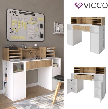 Стіл для рукоділля Vicco - письмовий стіл, 126,8 x 50 см XL з полицями (Білий/Сонома, 126,8x100x50 см)