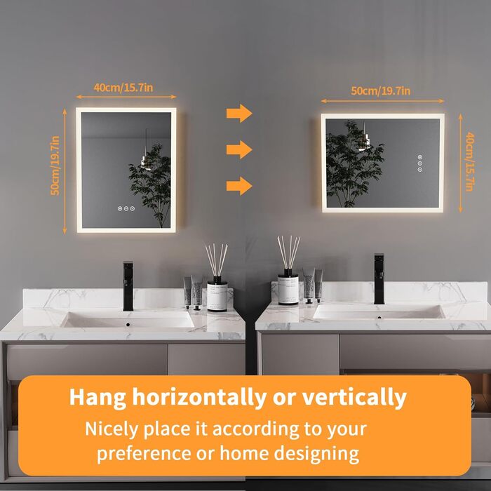 Дзеркало для ванної кімнати LED LUVODI 40x50 см з підсвічуванням, сенсорне керування, 3 кольори, регулювання яскравості, антизапарник