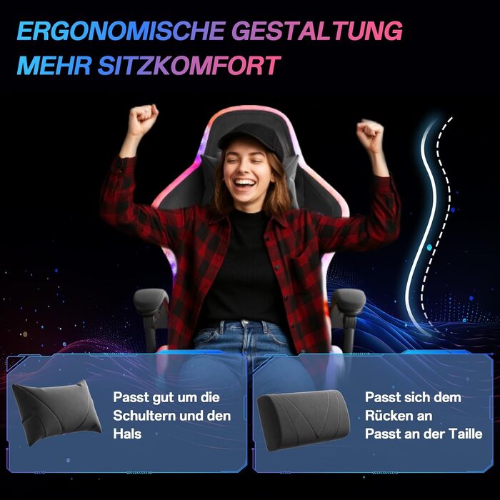 Ігровий крісло JUMMICO з тканини та LED підсвічуванням, ергономічний офісний стілець з масажем попереку та підставкою для ніг, регулювання 90°-135°, максимальне навантаження 150 кг, темно-сірий колір