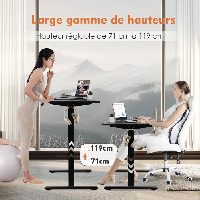 PACHIRA Електричний регульований стіл, 120x60 см, з пам'яттю та LED-дисплеєм, з гачком та кабелеуправлінням, ергономічний для дому/офісу, білий/чорний