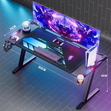 Ігровий стіл Himimi 160x70 см з LED-підсвічуванням, чорний, з коробкою для кабелів, тримачем для напоїв та гачком для навушників