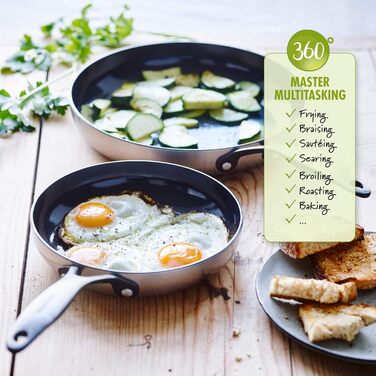 Набір сковорідок GreenPan Venice Pro Noir 26см та 30см, нержавіюча сталь, антипригарне покриття Ceramic, чорний матовий гриб, без PFAS, для індукційних плит, придатні для миття в посудомийній машині, термостійкі, сріблясті