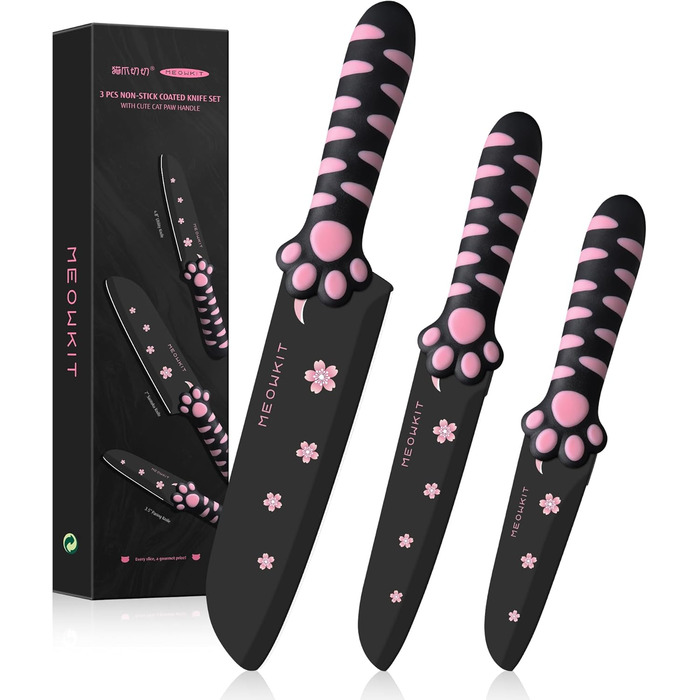 Набір кухонних ножів MEOWKIT 5 шт. з підставкою, нержавіюча сталь, набір ножів у формі котів, чорний/рожевий