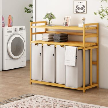 Кошик для білизни AdelDream Premium 200L з 4 відділеннями, бамбуковий каркас, знімний мішок, бежевий колір. Органайзер для білизни у ванну кімнату та спальню