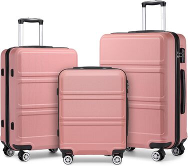 KONO Набір валіз 3 в 1 з ABS, рожевий колір, з TSA замком, M-L-XL, з роликами