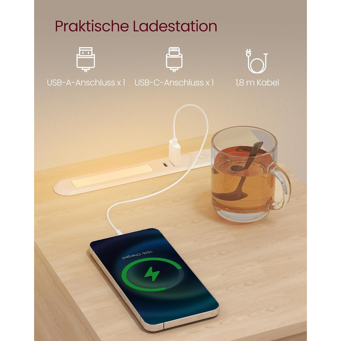 Приліжкова тумбочка VASAGLE з LED-підсвічуванням, USB-A та USB-C, шухляда та відкрите відділення, для спальні/вітальні, білий колір (LET60W0)