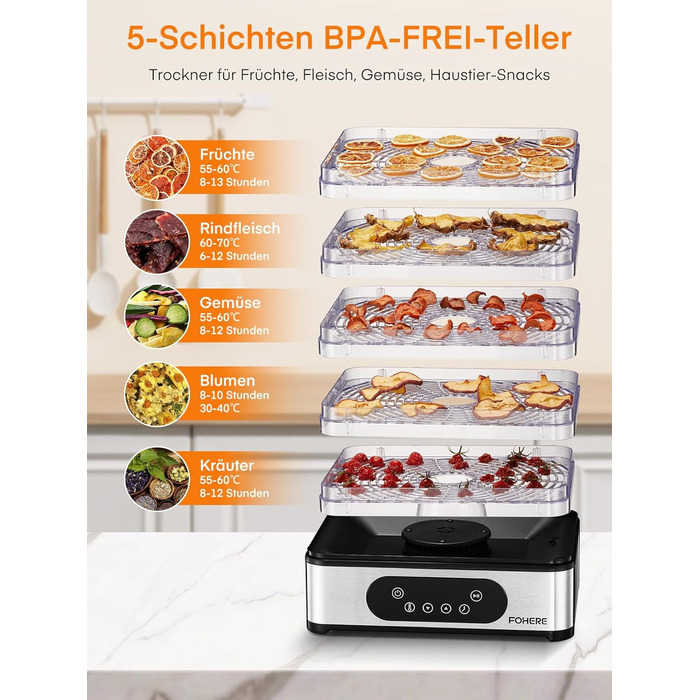 Електрична сушарка для продуктів FOHERE з нержавіючої сталі, 5 ящиків, LED-дисплей, 420W, 35-70°C, таймер 48h, для їжі, грибів, фруктів, м'яса, риби, овочів, без BPA