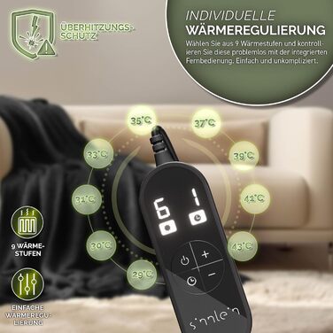 Електрична гріюча ковдра з плюшем | Автоматичне вимкнення | Тепла ковдра з таймером | 9 температурних режимів | Можна прати до 40°C | Цифровий дисплей (200 x 180 см, Чорний)