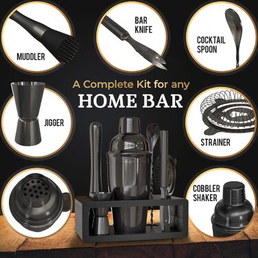 Набір бармена Highball & Chaser Elite з бамбуковим підставкою: шейкер, інструменти, Gunmetal