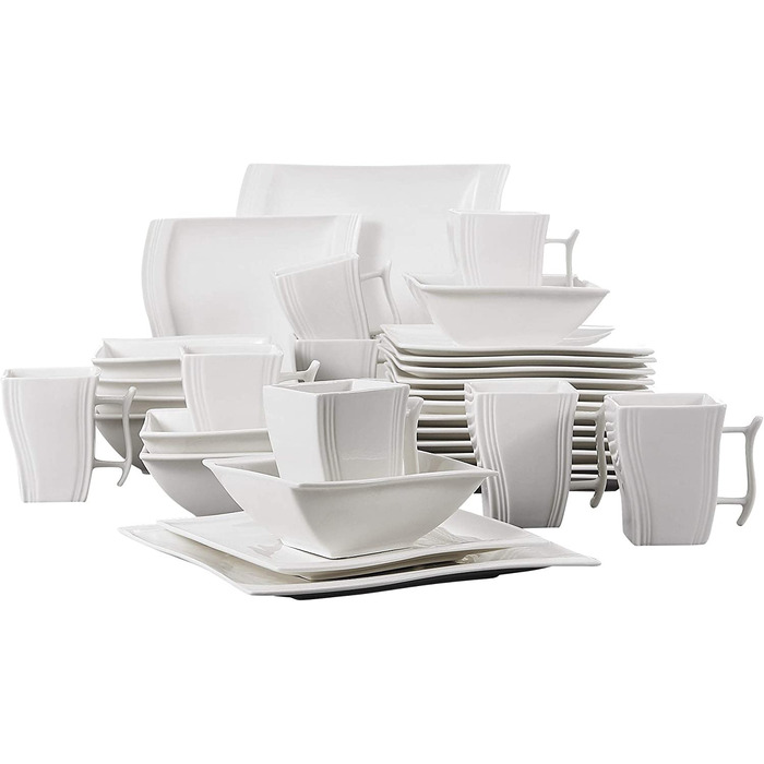 MALACASA Серія Flora – 60-елементний посуд для 12 осіб – кремово-білий порцеляновий сервіз з квадратним дизайном (тарілки, чашки, підтарілки) – придатний для миття в посудомийній машині та використання в мікрохвильовій печі, білий