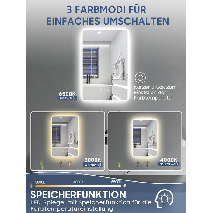 Дзеркало для ванної кімнати Habison з підсвічуванням, Bluetooth, 60x80 см, LED, протитуманне, 3 режими, диммування, IP44