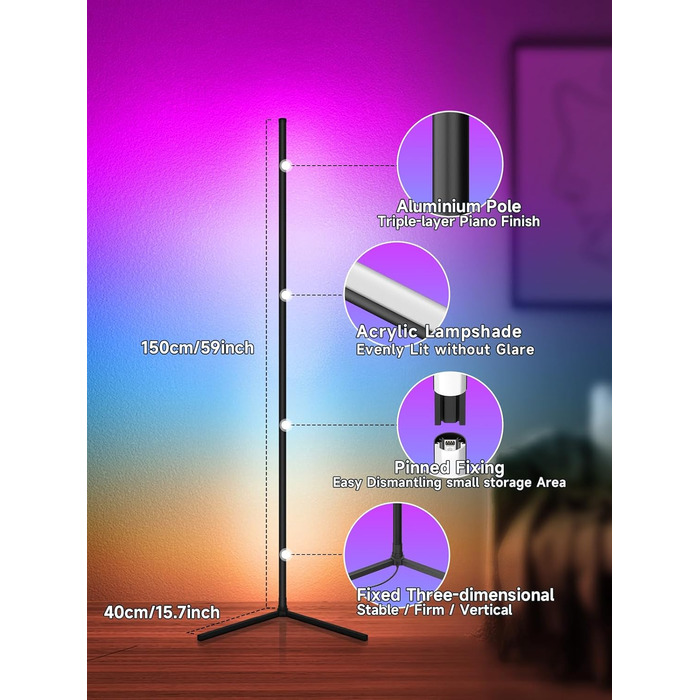 Світлодіодний кутовий світильник GIPOYENT RGB з синхронізацією музики та керуванням через додаток, 16 млн кольорів для спальні, вітальні, геймерської кімнати