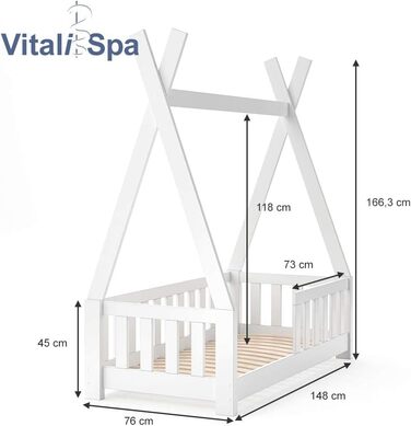 Ліжко VitaliSpa Teepee Teampee, біле, 148 x 76 см з огорожею та матрацом біле з огорожею