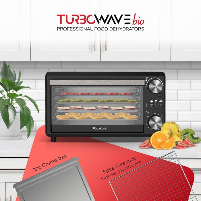 TurboWave BIO сушарка для продуктів, 14 л, металева, 5 ящиків, 30-80°C, таймер, рецепти
