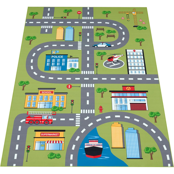 Дитяча кімната Дитячий килим Ігровий килим Вуличний і автомобільний мотив Нековзний зелений сірий, Розмір 80x150 см (200 см квадратний)