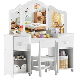 Дитячий туалетний столик MAMIZO 2 в 1 з дзеркалом та пуфом, рожево-білий, 108x30x114 см