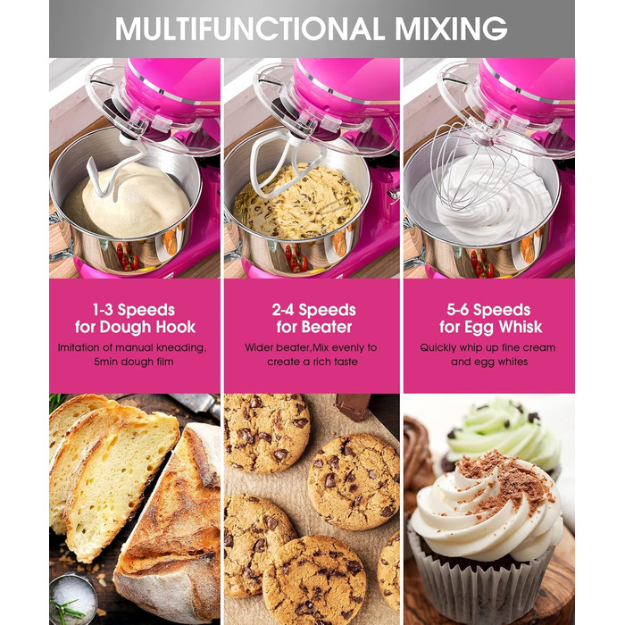 Кухонна машина Facelle 1500W з нержавіючою чашею 6.2 л, 6 швидкостей, комплектом насадок (міксер, гак для тіста, вінчик, сплеск-захист), фіолетовий колір