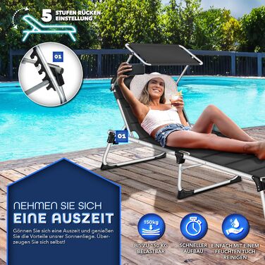 Сонячне ліжко Tillvex® з дахом та подушкою для голови | Садова розкладна ліжко-шезлонг | Пляжне ліжко з регульованою спинкою | Алюмінієва ліжко (з преміум-подушкою), Чорний