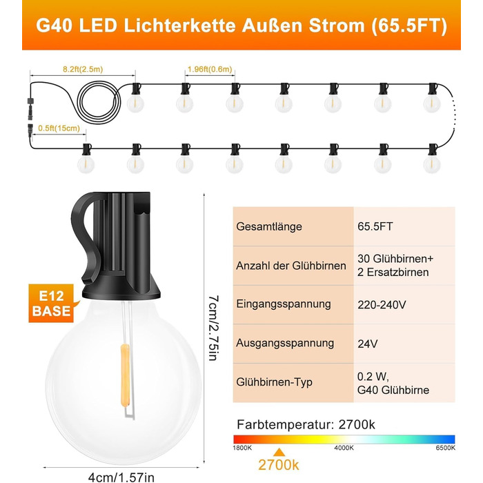 Світлодіодний зовнішній струнний світильник 20 м, 32 лампочки G40, стійкі до погодних умов для саду, балкона, кемпінгу, прикраси вечірки