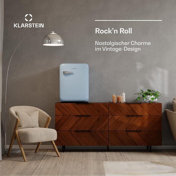 Холодильник Klarstein Audrey Evo 68L: Ретро-дизайн, тихий (40 dB), компресор, регульовані ніжки, двері, що відкидаються, для спальні та офісу (68 л, енергоклас E, блакитний)