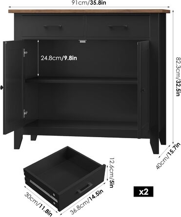 Кухонна шафа HOCSOK з робочою поверхнею, буфет з 2 шухлядами та 2 дверцятами, для кухні, вітальні, їдальні, передпокою, дерево, стиль кантрі, білий (чорний)