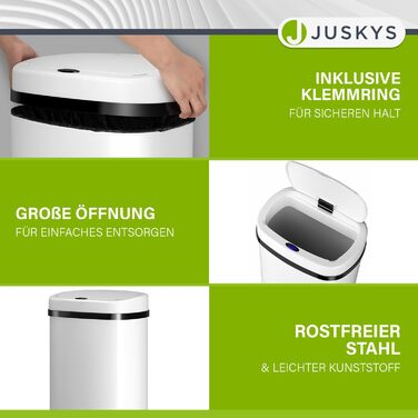 Відро для сміття Juskys з датчиком руху, 60 л, біле. Нержавіюча сталь, безконтактне відкривання, кутовий дизайн.