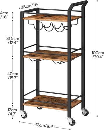 Візок HOOBRO з колесами, 3 рівні, для кухні, бару, саду, вечірки, вінтажний коричневий/чорний EBF38TC01