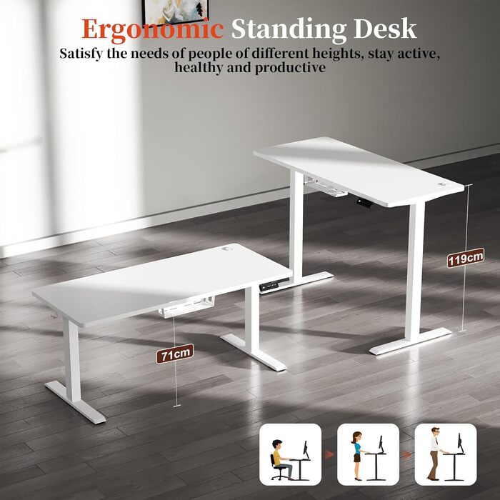 Електричний стіл-трансформер 160x60 см, білий: робочий стіл, стіл для комп'ютера, регульована висота