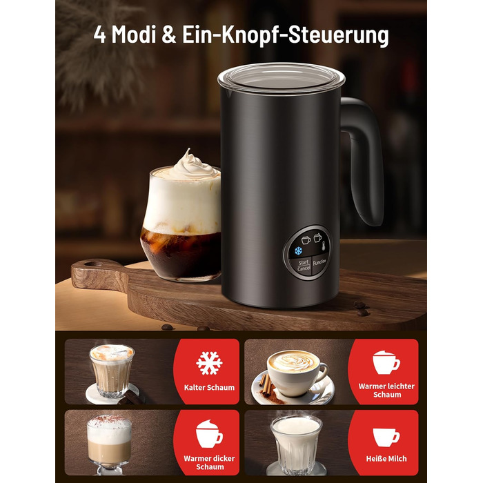 Електричний спінювач молока PARIS RHÔNE 4-в-1, 300 мл, індукція, антипригарне покриття, бездротовий, для гарячого та холодного молока (чорний)