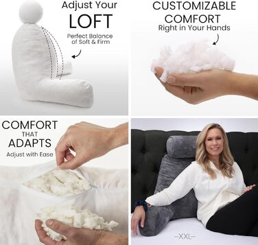 Подушка для чоловіків з підлокітниками - темно-сіра, преміум-якість, для читання та відпочинку в ліжку. Знімний валик для шиї, Memory Foam.